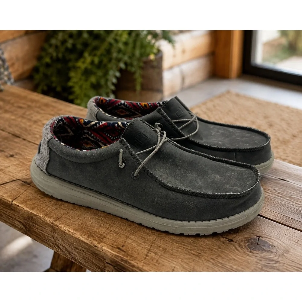Hey Dude Wally Recycled Leather Quarry Mens 10 Grey Slip On Loafers 150202995